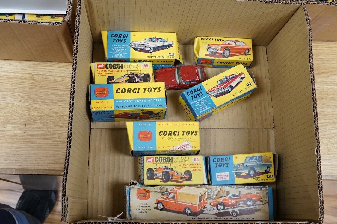 Nine boxed Corgi Toys; Land Rover with Ferrari Racing Car on Trailer (GS No.17), Land Rover (438), Lotus-Climax F1 (158), Cooper-Maserati F1 (159), Chevrolet Fire Chief’s car (482), Chevrolet Police Car (481), MGB GT (32